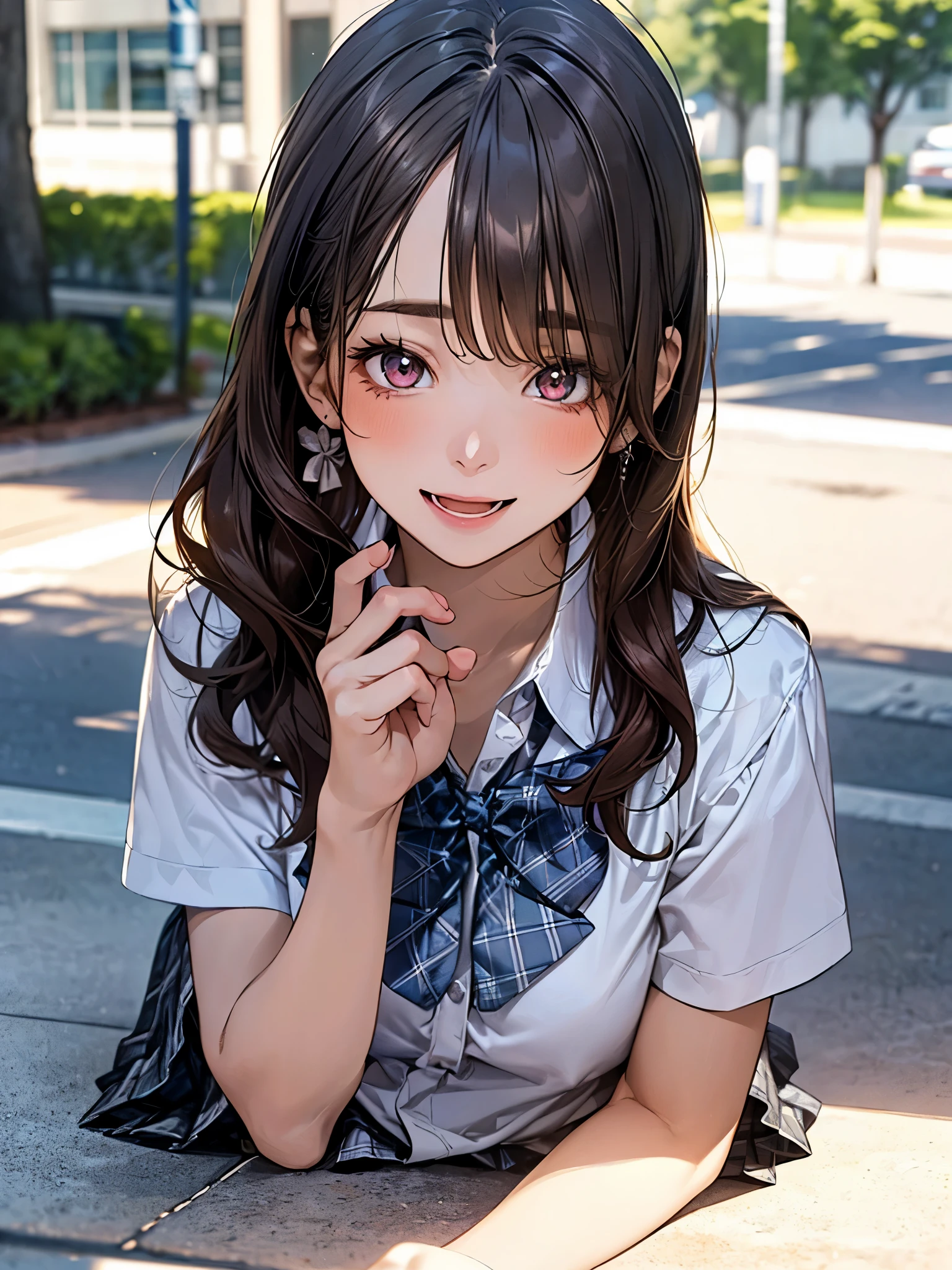 (masterpiece:1.2, top-quality), (realistic, photorealistic:1.4), beautiful illustration, (natural side lighting, movie lighting), 
looking at viewer, full body, front view:0.6, 1 girl, japanese, high school girl, perfect face, cute and symmetrical face, suntan, shiny skin, 
(long hair:1.5, side ponytail:1.4, brown hair), hair over one eye:1.4, maroon eyes, long eye lasher, (large breasts:0.6), 
beautiful hair, beautiful face, beautiful detailed eyes, beautiful clavicle, beautiful body, beautiful chest, beautiful thigh, beautiful legs, beautiful fingers, 
((collared short sleeve shirt, white shirt, , grey plaid pleated skirt, blue plaid bow tie), wrist chakra), 
(beautiful scenery), (school scenery), (position looking down from above, lie on your stomach, looking at the flowers blooming on the ground, ), (lovely smile, upper eyes, open mouth),