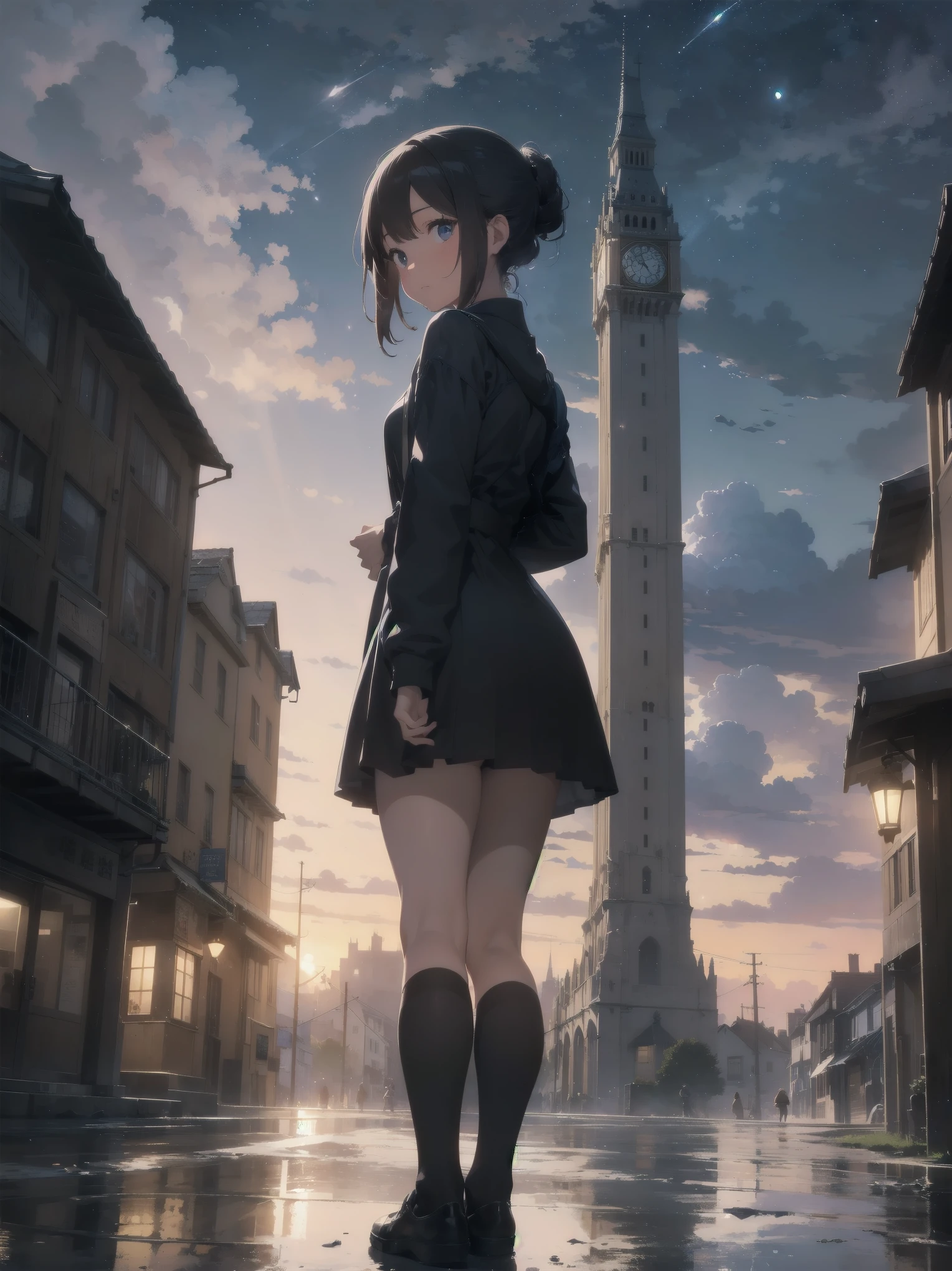 Girl looking up Scene 1: Twilight tower shadow The girl stands quietly against the sky, which is dyed an azure colour. Towering up in front of her is a huge structure called the Tower of Babel. Its form, which seems to pierce through the clouds, seems as if it is about to reach the heavens. The girl's gaze is directed towards the top of the tower. The tower, shrouded in evening darkness, creates a fantastic atmosphere. The surface of the tower is engraved with intricate patterns. It looks like ancient writing. The girl seems to sense something deep within the tower. Is it the memory of a masterpiece story or a longing for an unknown fantasy world? Scene 2: Memory of the starry sky The girl stands at the top of the tower amidst countless twinkling stars in the night sky. At her feet, the lights of the city shine like jewels. The girl closes her eyes and takes a deep breath. The scent of the night breeze is mixed with the old smell of the tower. The girl's mind replayed a famous story. It was a story of adventure and friendship that the girl read as a . The hero of the story, like the girl, climbed the Tower of Babel. There, she meets her friends and overcomes various difficulties. The girl dreamed that one day she, like the hero, would go on an adventure. Scene 3: The promise of the morning glow The girl left the tower just as the light of the morning sun was illuminating it. Looking back, the tower shone in the morning sun and even looked divine. The girl decides that one day she will climb this tower again. And when she does, she vows to spin out the rest of the masterpiece's story. Step by step, the girl walked into the future.