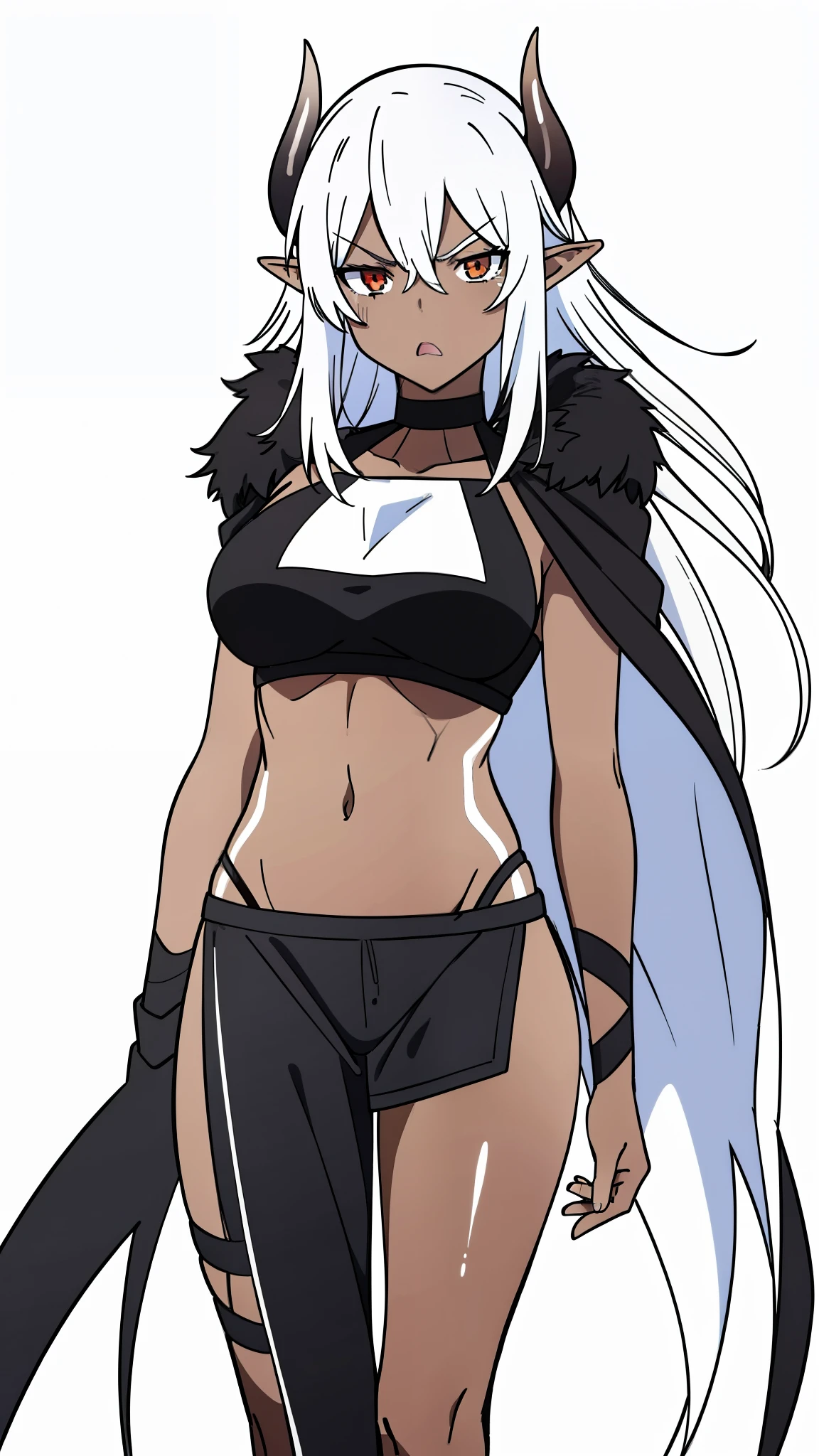 ((1girl,solo,mature female,tall)),big breasts,long hair, black hair,serious,horns,elf ears,black scarf,(dark skin),((midriff,black sports bra,neck fur)),(walking,night sky,night,thunder,lightnings,lightning magic),from below,