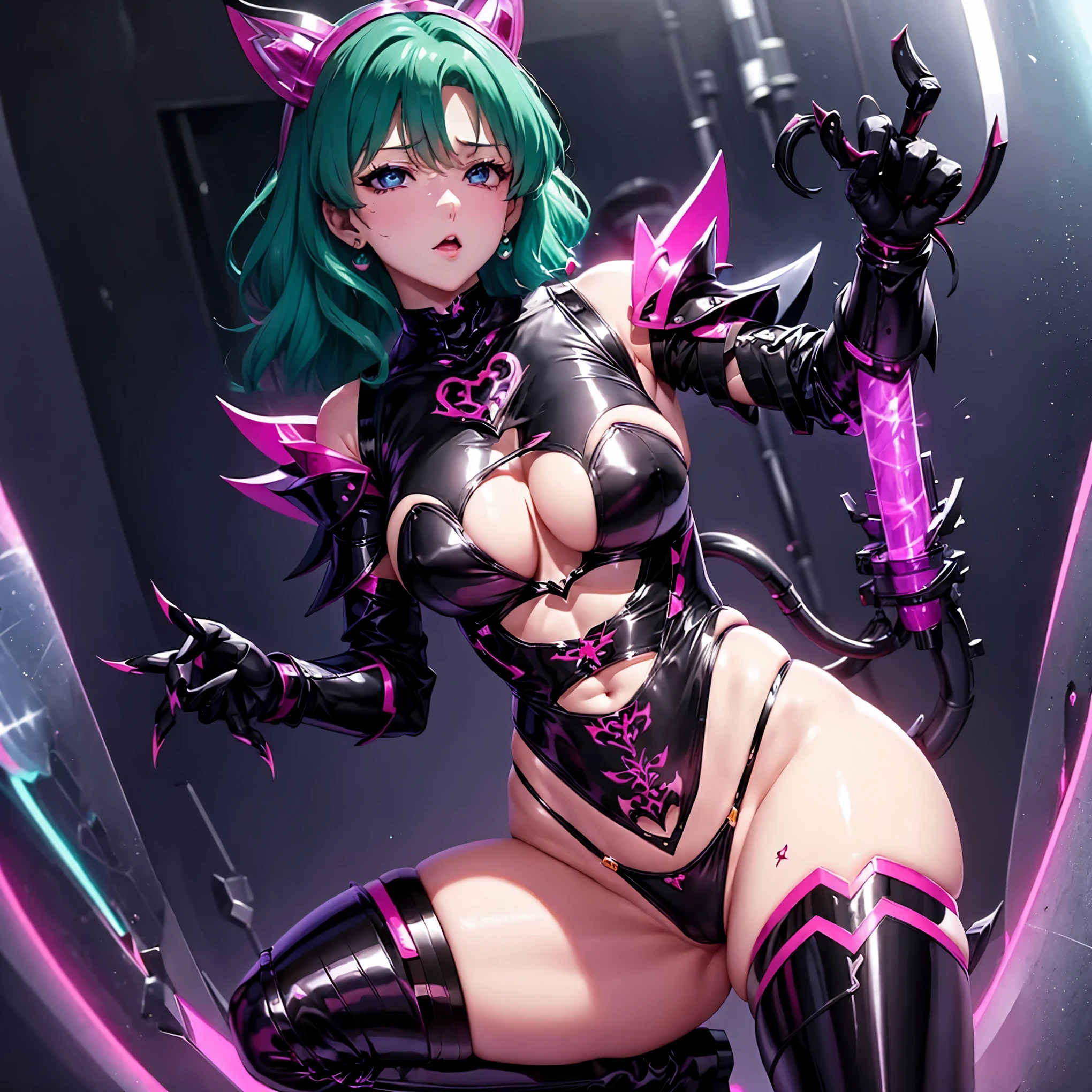 Sailor Neptune. evil  form. Forehead. pink glow eye. ahegao. aqua color hair. dark costume.