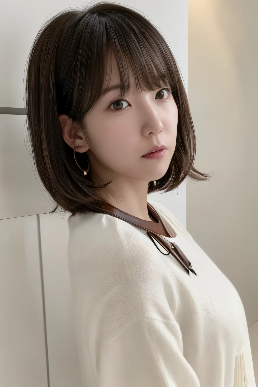 ((masterpiece:1.4、top-quality))、(photographrealistic:1.4)、profetional lighting、physically-based renderingt,Cowboy Shot,Short hair、layers-Cut、A dark-haired、extra detailed face、Detailed skin、(Women in Japan:1.05)、age 30s、thin bunches of bangs、knit、White Room、white walls、Bright lighting