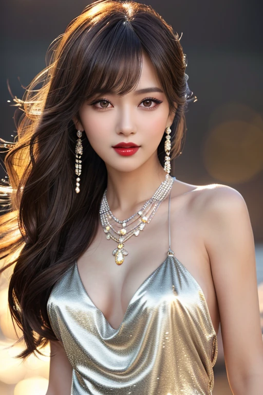 (highest quality、Full body photo 1.2、8K、best image quality、Award-winning work)、(one young girl, :1.3)、(Luxury dresses:1.2)、(red eyeshadow:1.2)、perfect makeup、long eyelashes、Super high-definition sparkling eyes、ultra high definition hair、ultra high resolution glossy lips、Super high resolution perfect teeth、Super high resolution cute face、brown hair、(((very long straight hair:1.2))、look at me and smile、[clavicle]、accurate anatomy、Luxury love hotel、(The most moody warm lighting:1.2)、blurred background、With bangs、Super high-resolution glossy and moisturized face、Super high resolution glowing skin、most detailed face、Ultra high resolution detailed faces、ultra high resolution hair、Super high resolution sparkling eyes、Beautiful face drawn in every detail、Super high resolution glossy red lips、big breasts、cleavage、Fashionable necklaces、(((Full body photo 1.2)))、Hair fluttering in the wind 1.2、Professional Lighting 1.3