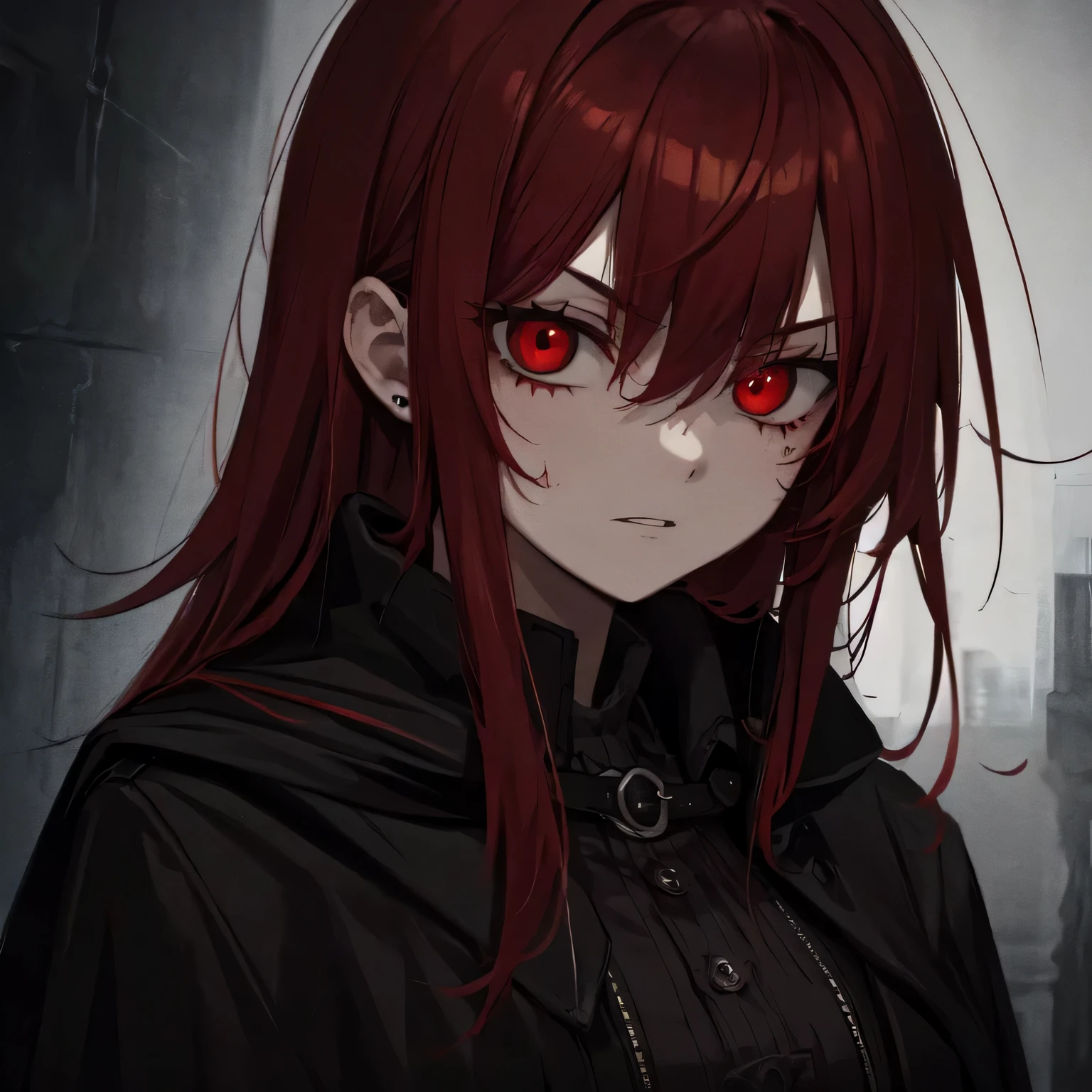 (a 16-year-old bloody killer girl with red hair and red eyes, blood on face, blood on clothes, wearing an overcoat and black cape, Van Helsing style),(oil painting),(detailed facial features, sharp and piercing gaze),(dark and eerie atmosphere, sinister surroundings),(best quality, highres:1.2),(horror, gothic style),(dark and desaturated colors),(mysterious and dramatic lighting)