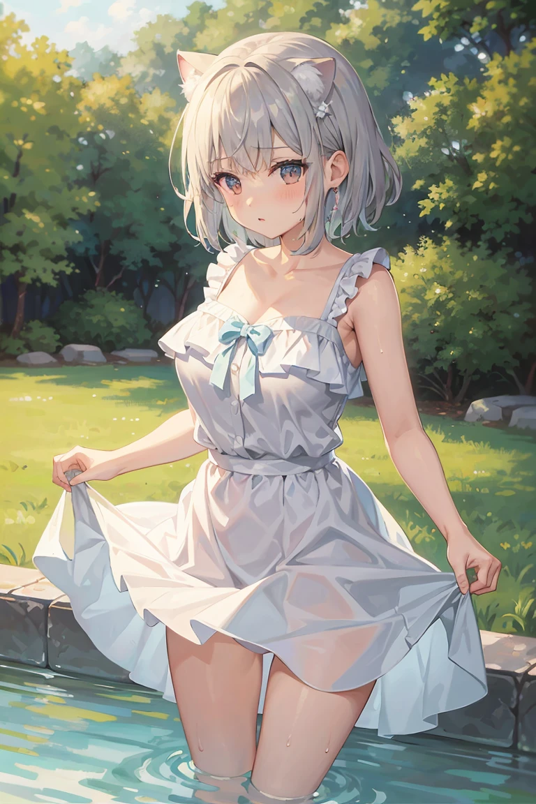 Claude watercolor style, Impressionism, 1 girl, focus on upper body, (white camisole dress), , Full body Esbian, silver short hair, pool, Wet, ((bow)), Cat ear, big breasts、Beautiful nipples, 