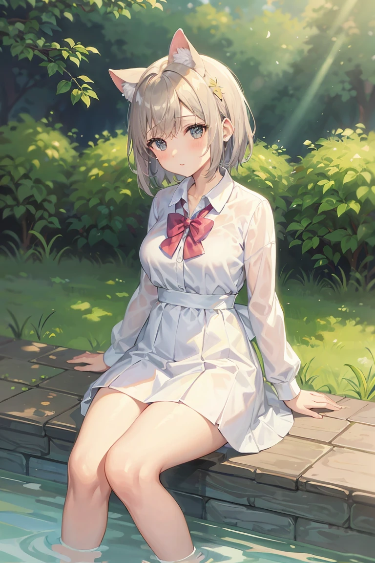 Claude watercolor style, Impressionism, 1 girl, focus on upper body, (white camisole dress), , Full body Esbian, silver short hair, pool, Wet, ((bow)), Cat ear, big breasts、Beautiful nipples,