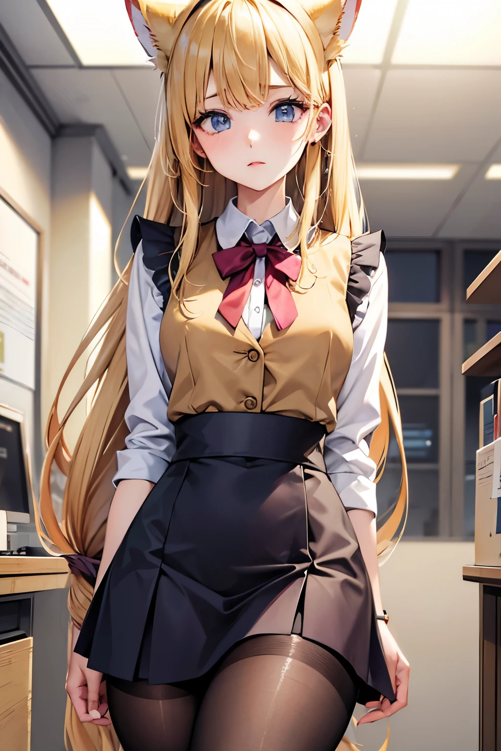 lease, blonde、long hair、office lady clothes、pantyhose、Photo from below、medium chest、bootini skirt、blouse、vest