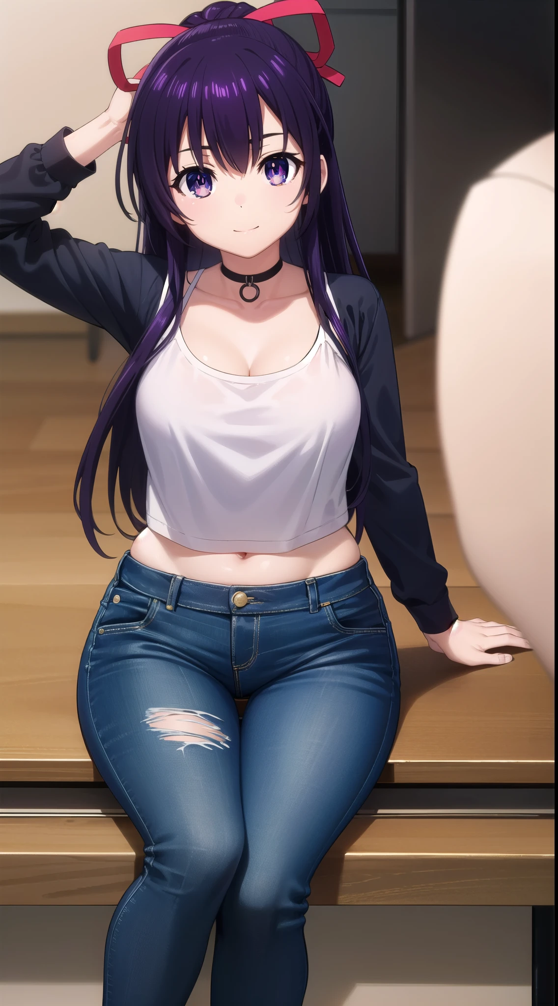 tohkayatogami, tohka yatogami casual, long hair, purple hair, alluringly smile, sweater crop top, white top, long sleeves, v neck, fabric choker, jeans , torn jeans, tight jeans (purple eyes:1.1), hair ribbon, ponytail, purple hair, white ribbon,g cup breasts, plump butt , low heels 
BREAK ,
BREAK indoors, office, alone, sitting, sitting on table, hand on head , low heels,
BREAK looking at viewer, elegant poses, cheeks rest, confident, full body view, head to toe view, create bit distance 
BREAK (masterpiece:1.2), best quality, high resolution, unity 8k wallpaper, (illustration:0.8), (beautiful detailed eyes:1.6), extremely detailed face, perfect lighting, extremely detailed CG, (perfect hands, perfect anatomy),