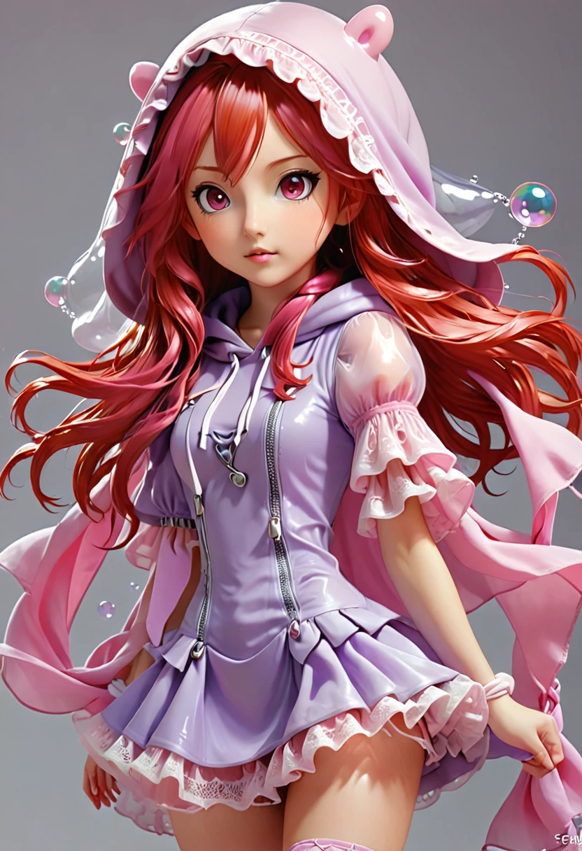 A girl with long red hair with ultra features wearing a short, mini dress, lavender attached to a pink hood with zippers, short, lacy bubble sleeves attached, to a pink scarf" by artist starsnits90, Anime Key Visual, Japanese Manga, Pixiv, Zerochan, Anime art, Fantia
