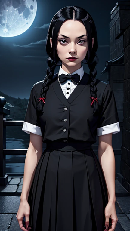 1woman, 25 years old, Japanese, Wednesday Addams, raven-black hair, twin braids, black clothes with white trim, giant full moon