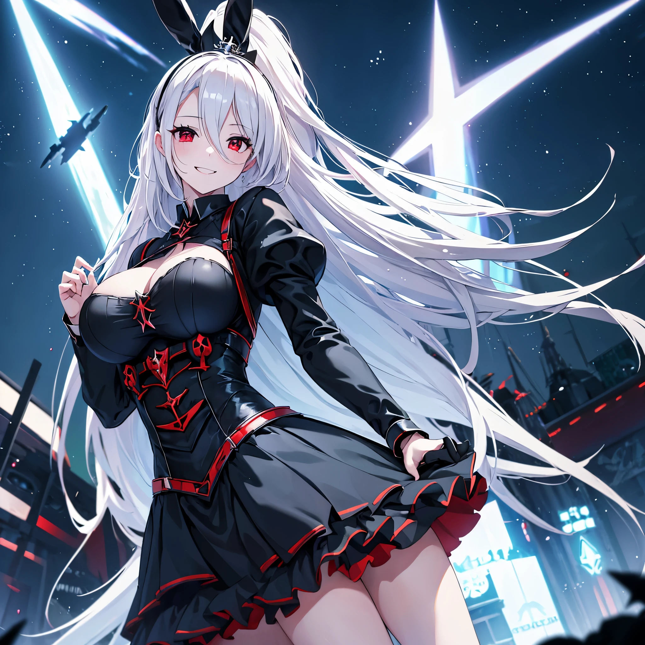 A woman wearing a sophisticated black dress, with an iron cross as a detail on the dress, black bunny tiara, red eyes, long white hair, smiling, big breasts, in a park at night, effect of shining blue lights, background building, stars in the sky, HDR, ultra resolution, very detailed, masterpiece, ultra quality, 4K HD.
