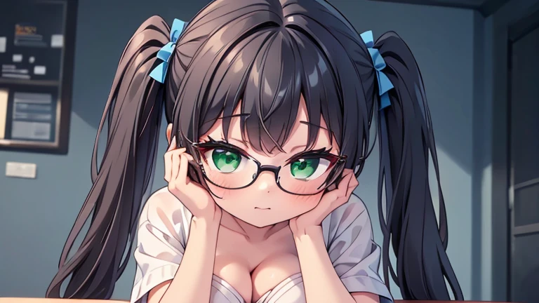 highest quality,wonderful,finely,extremely detailed CG unity 8k wallpaper,written boundary depth,1 girl, big breasts,(head rest:1.3), black hair, glasses, green eyes,twin tails,full body, highest quality,Super detailed,unity 8k wallpaper,game CG,