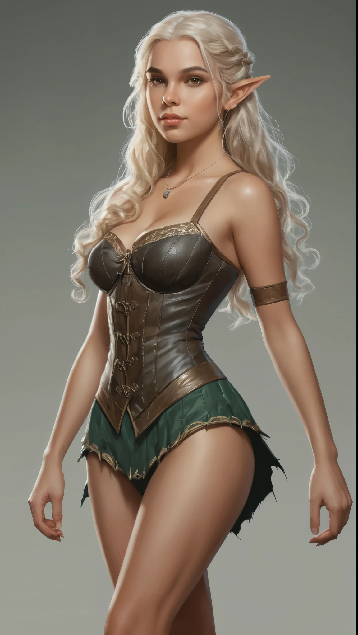 An illustrated movie poster, hand-drawn, full color, a teenage elven girl, wearing a bodice, sun-tanned complexion, very tall, athletic body, hourglass figure, curvy, slightly chubby, bottom-heavy, generous hips, massive bubble-butt, long legs, ridiculously thick powerful thighs, amber brown eyes, long pointy elf ears, platinum blonde hair, long loose waves, posing on a pedestal, wet glistening skin, hard shadows, graphite shading, stencil marks, airbrushed acrylic paint, masterpiece, in the style of the Witcher 