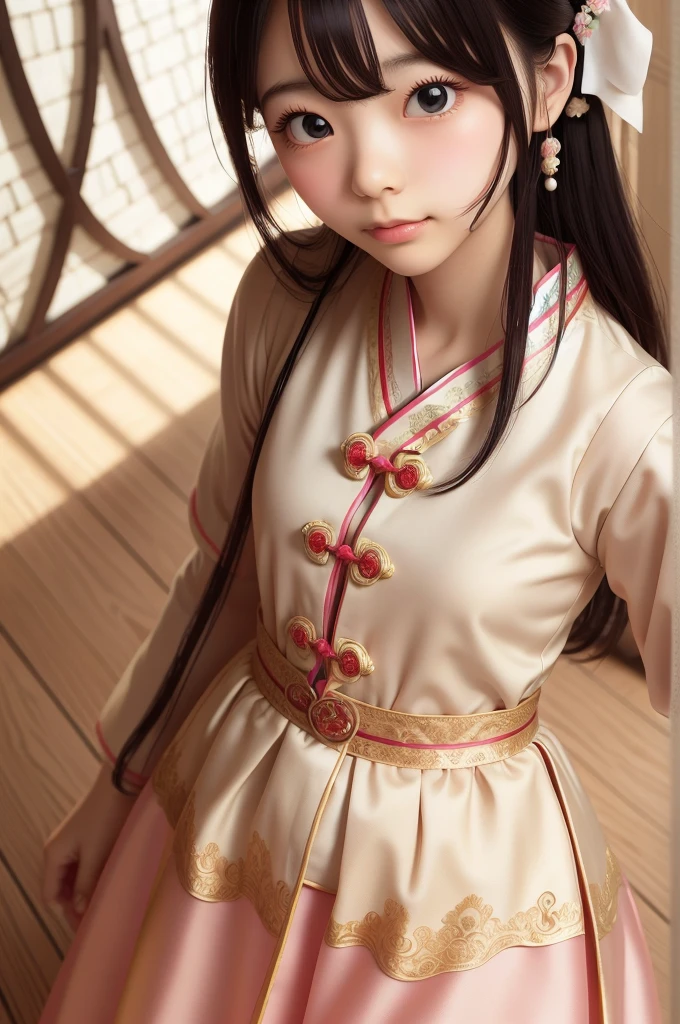 There is a cartoon in a dress, China dress, Hanbok apron, chinese costume, traditional chinese costume, Close-up - view, Hanbok, wearing ancient chinese costume, with ancient chinese costume, palace, girl in hanfu, white hanfu, China dress, wearing pink flowers, shadow room, light edge, two-tone lighting, (high detail skin: 1.2), 8K uhd, Digital single-lens reflex camera, soft light, high quality, volume lighting, Sneak a peek, photograph, High resolution, 4k, 8K, background bokeh