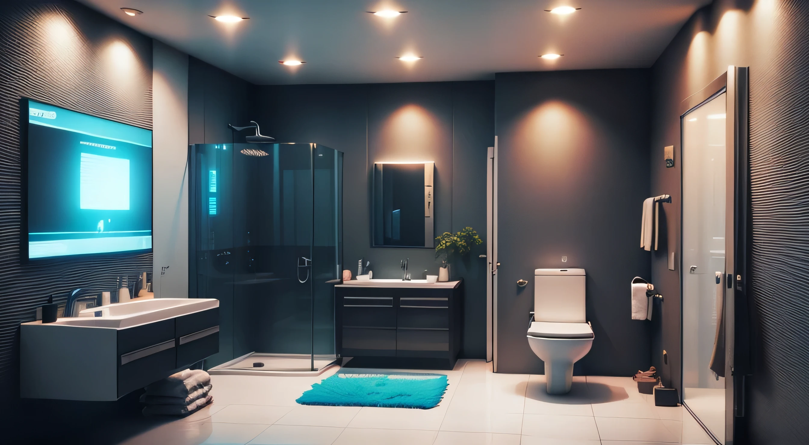there is a bathroom with a glass shower and a sink, cyberpunk apartment, cyberpunk ikea, futuristic. game cg, the cyberpunk apartment, in a cyberpunk themed room, futuristic room, futuristic decor, futuristic room background, cgsociety 9, cyberpunk childrens bedroom, retro futuristic apartment, futuristic interior, futuristic ambiance, gaming toilet, cyberpunk style , hyperrealistic, futuristic design