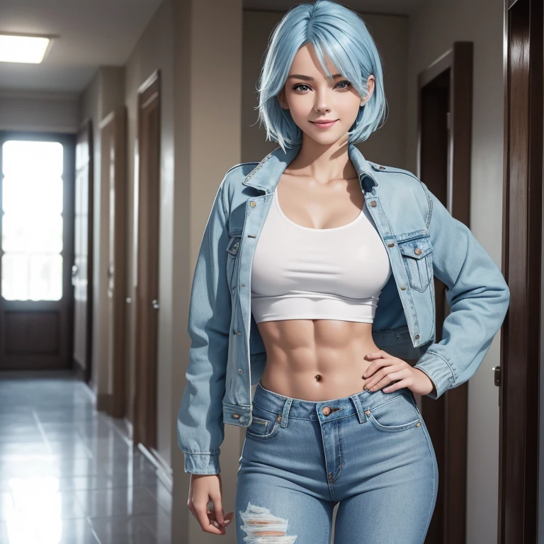 One beautiful young girl with western features, attractive and detailed female face, light blue hair, smiling, full body, sexy slim athletic body, six pack abs, beautiful girl wearing a jacket, white top and tight jeans, hallway, high resolution, best quality, 4k