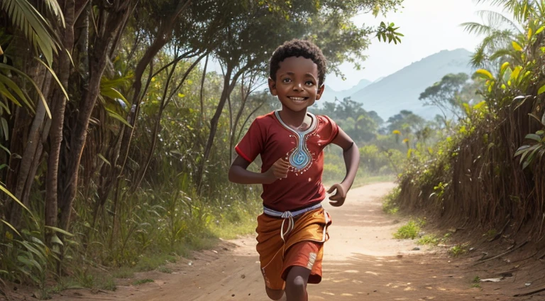 A boy in Indian clothes, cor de Pele preta, ****** negro, indigenous boy, correndo na floresta, ele esta correndo na mata, sorrindo, roupa africano, ****** africano