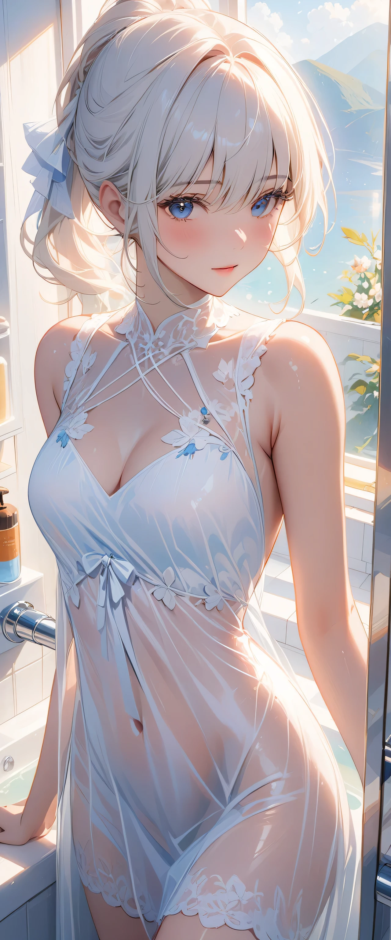 masterpiece, top quality, Super details, 8K, Detail lights, Detailed shadows, raw, (delicate skin), (real: 1.2),, 1 girl, white hair, White sexy transparent dress，Eye close-up，bathroom