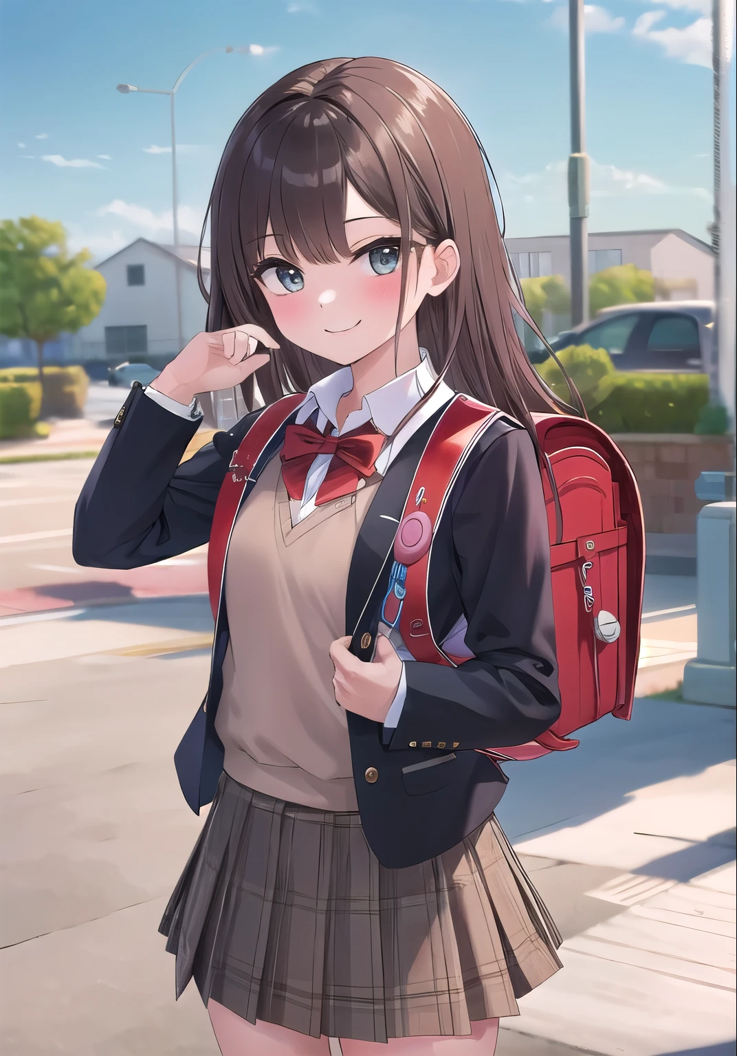 (masterpiece, best quality:1.0), highly detailed,  detail,  1girl , highschool student, long hair, brown hair, UNiform, red bowtie, collared shirt, sweater vest, blazer, black blazer, opened jacket, long sleeves, plaid skirt, brown skirt, outdoor,  smile,  standing, cowboy shot, wearing randoseru backpack, (randoseru backpack:1.1), crime prevention buzzer