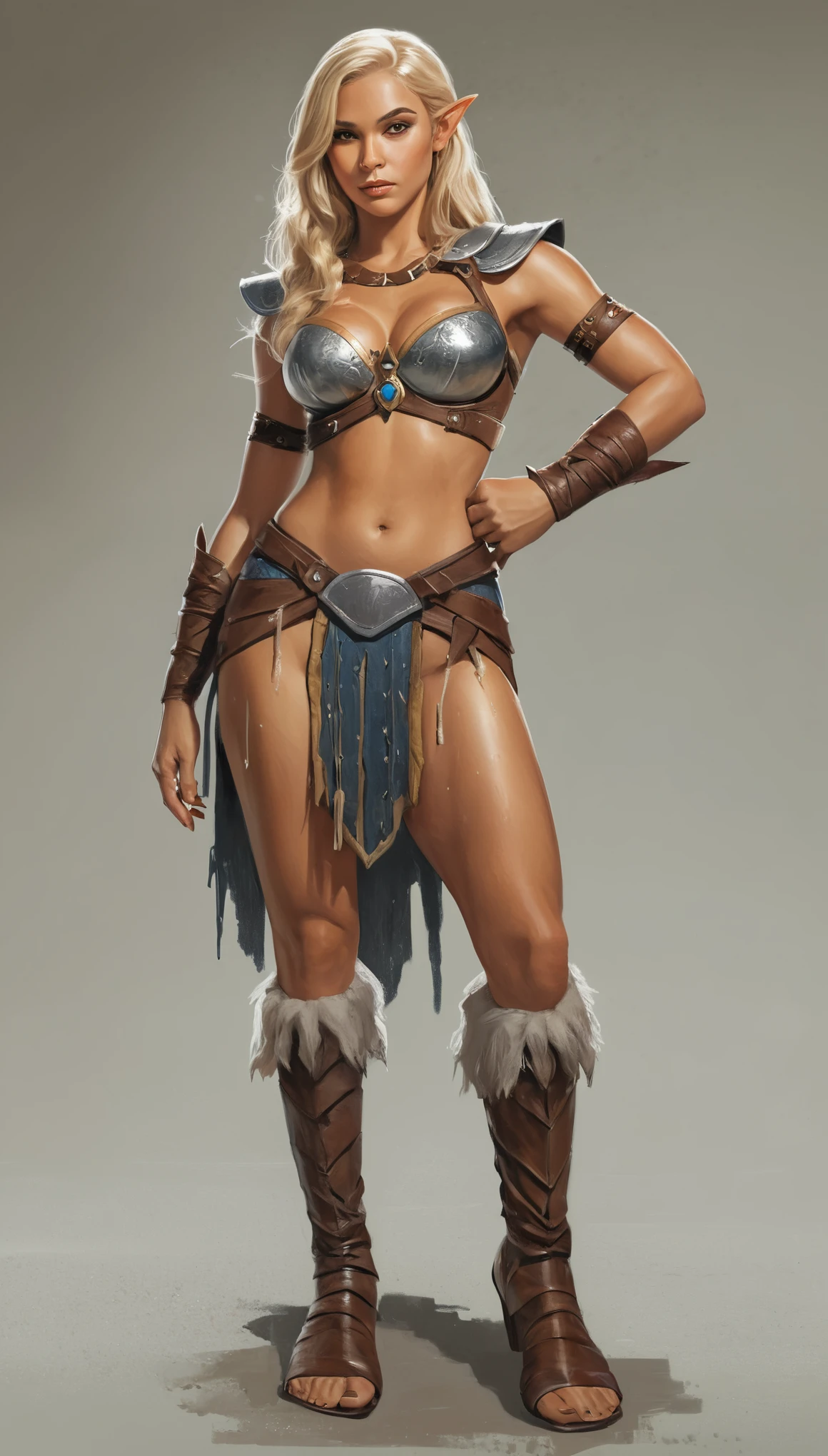 An illustrated movie poster, hand-drawn, full color, a teenage elven girl, wearing a bodice, sun-tanned complexion, very tall, athletic body, hourglass figure, curvy, slightly chubby, bottom-heavy, generous hips, massive bubble-butt, long legs, ridiculously thick powerful thighs, amber brown eyes, long pointy elf ears, platinum blonde hair, long loose waves, posing on a pedestal, wet glistening skin, hard shadows, graphite shading, stencil marks, airbrushed acrylic paint, masterpiece, in the style of Conan the Barbarian