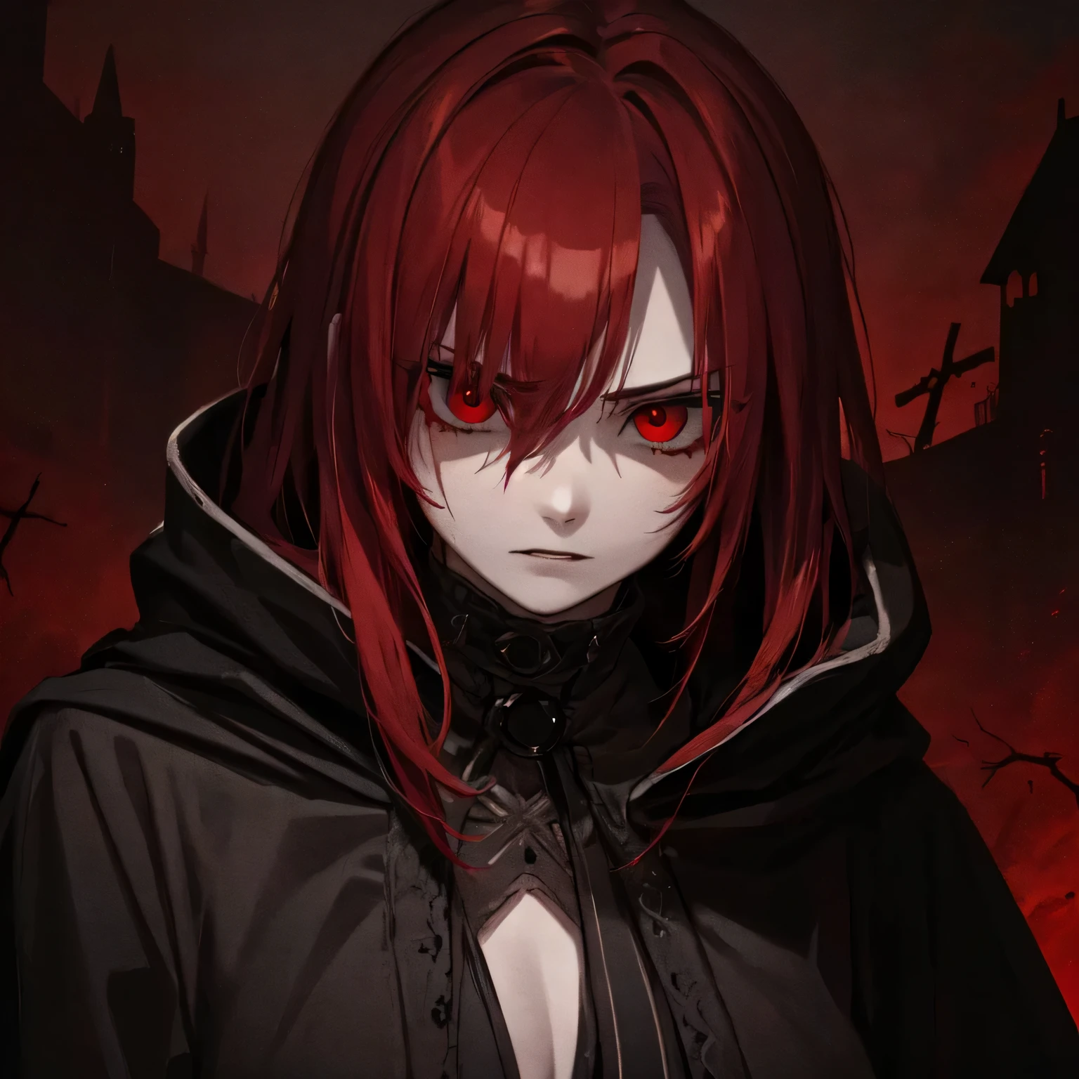 (best quality,highres,masterpiece:1.2),ultra-detailed,realistic:black cape and coat,vivid red eyes,long flowing red hair,beautiful detailed lips,extremely detailed face,killer expressions,bloody face,bloody clothes,horrifying,16-year-old girl,assassin,gruesome murder scene,victims,shadows,horror scene,violence,death,tension,creepy atmosphere,nighttime,grimdark,deadly,menacing presence,macabre,haunted,gothic,vampiric,vengeful,monstrous,nightmarish,Van Helsing style,pale skin,intense gaze,terrifying,red color scheme,dark and sinister lighting,ominous mood,action-packed,highly stylized scenery,gritty textures,gruesome details,killer instincts,unforgiving,cold-hearted,evil incarnate,sharp weapons,unhinged,concept art aesthetic,psychotic,stylish and threatening,unseen horrors,nightmarishly beautiful,deadly beauty,crime scene,horror movie,thrilling,suspenseful,subdued colors,red theme,mysterious,vivid shadows,deathly pale,blood-red background,unsettling,atmospheric setting,heart-pounding.