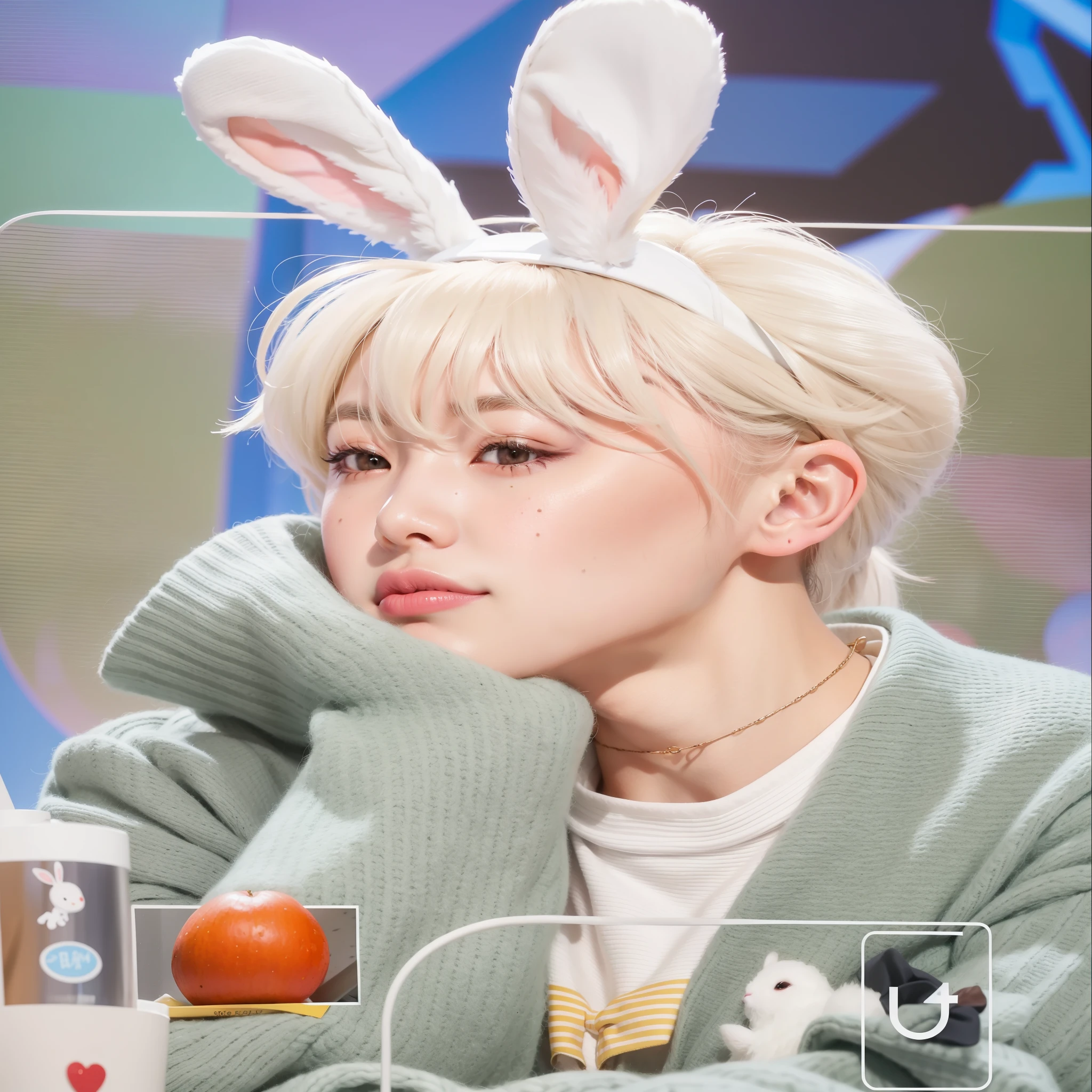 blurred photo of a person with bunny ears and sweater, Kim Doyoung, Jimin, Jimin\the full lips, Jimin\the right eyelid is swollen, adorable and pale korean face, inspirado em Kun Can, park Jimin, Jimin\o nariz grego, Yoongi de cabelo preto, taejune kim, innocent appearance, accurate Jimin face, 8k!