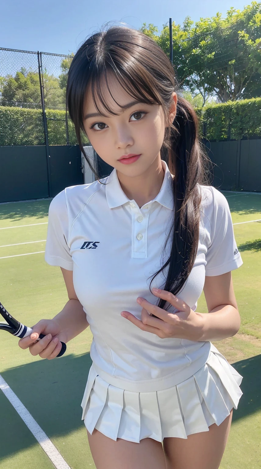 (masterpiece), (highest quality),ultra high resolution, caustics, get used to it, Beautiful get used to it FACE,perfect anatomy,cowboy shot,solo 8 year old beauty、日BookのBookを読む人、black hair,short bob hair,black eye,slender body,ideal body proportions,medium breasts,tanned skin,glowing skin,oily skin,shiny skin,Are standing,ponytail,((latex、tennis uniform、white polo shirt、white pleated mini skirt)),tennis racket１Book、正しく描かれたtennis racket:1.12、outdoor、Tennis court、，full body image((beautiful pussy line:1.1),,(((Mr... Mr.. Mr. A is very cute and has a childish face...:1.45))), 、(very young and big breasted:1.2)