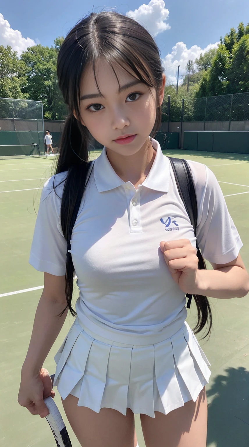 (masterpiece), (highest quality),ultra high resolution, caustics, get used to it, Beautiful get used to it FACE,perfect anatomy,cowboy shot,solo 8 year old beauty、日BookのBookを読む人、black hair,short bob hair,black eye,slender body,ideal body proportions,medium breasts,tanned skin,glowing skin,oily skin,shiny skin,Are standing,ponytail,((latex、tennis uniform、white polo shirt、white pleated mini skirt)),tennis racket1Book、正しく描かれたtennis racket:1.12、outdoor、Tennis court、,full body image((beautiful pussy line:1.1),,(((Mr... Mr.. Mr. A is very cute and has a childish face...:1.45))), 、(very young and big breasted:1.2)