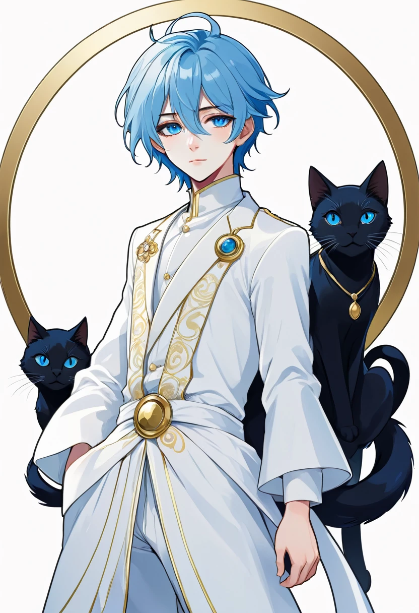 Masterpiece, ultra-detailed, Anime boy, smirk, long layered blue hair, light white eyes:1.3 , white clothes, white prince outfit, one black cat in circle, simple yet elegant design, white background with gold border, vectorised and silhouetted, full-HD and 8K professional sticker design, intricately detailed drawing with flat vector lines.