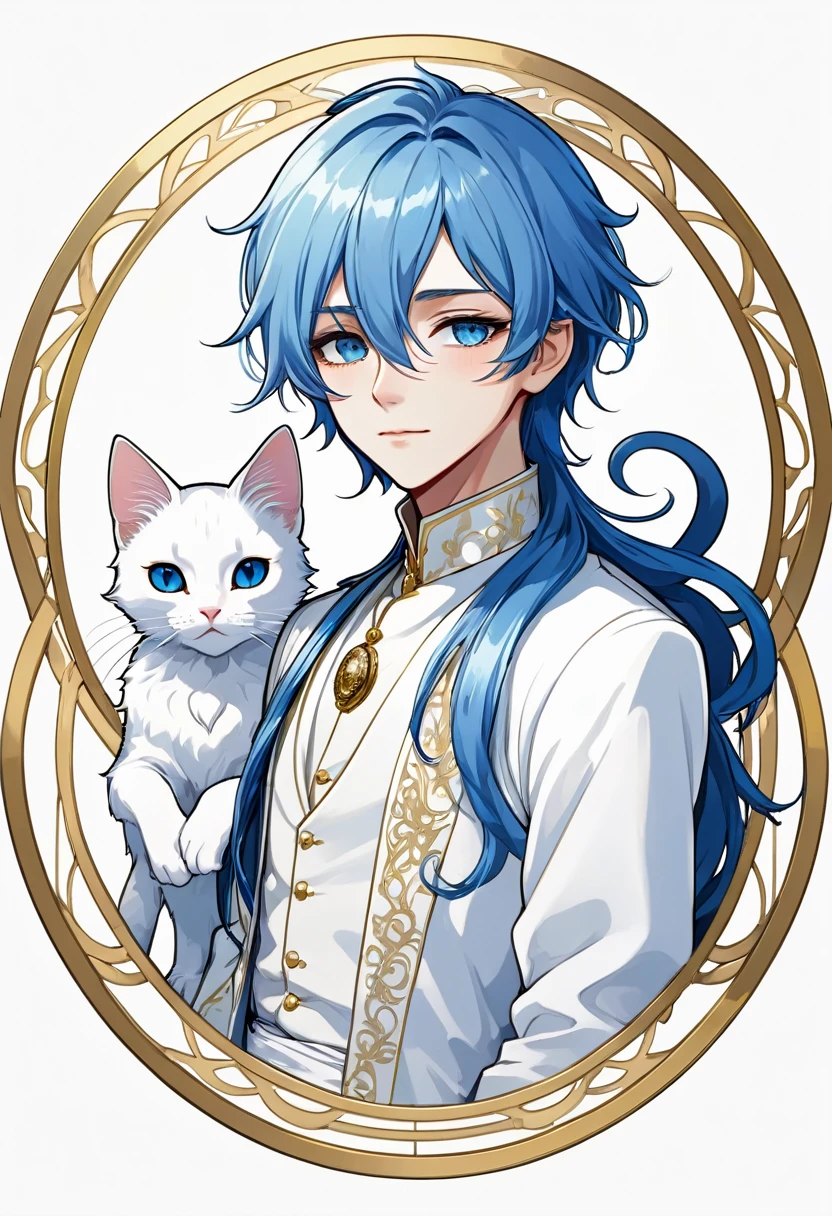 Masterpiece, ultra-detailed, Anime boy, smirk, long layered blue hair, light white eyes:1.3 , white clothes, white prince outfit, one black cat in circle, simple yet elegant design, white background with gold border, vectorised and silhouetted, full-HD and 8K professional sticker design, intricately detailed drawing with flat vector lines.