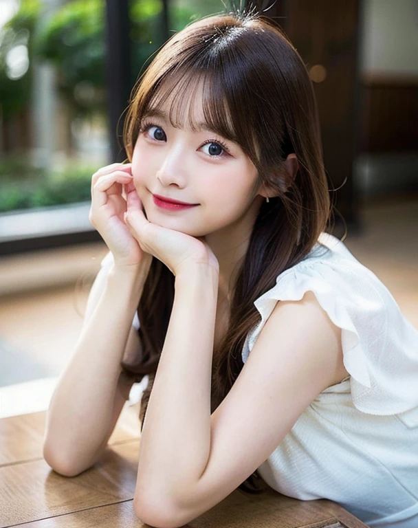 table top, highest quality, figure, Super detailed, finely, High resolution, 8k wallpaper, 完璧なダイナミックな構figure, detailed and beautiful eyes, she is wearing a white dress,length、natural color lip, smile,Harajuku、20 year old girl、cute、looking at camera、F cup、brown hair、caste-like face、Do not touch、Blurry white background