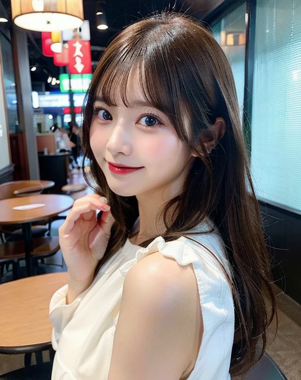 table top, highest quality, figure, Super detailed, finely, High resolution, 8k wallpaper, 完璧なダイナミックな構figure, detailed and beautiful eyes, she is wearing a white dress,length、natural color lip, smile,Harajuku、20 year old girl、cute、looking at camera、F cup、brown hair、caste-like face、Do not touch、Blurry white background