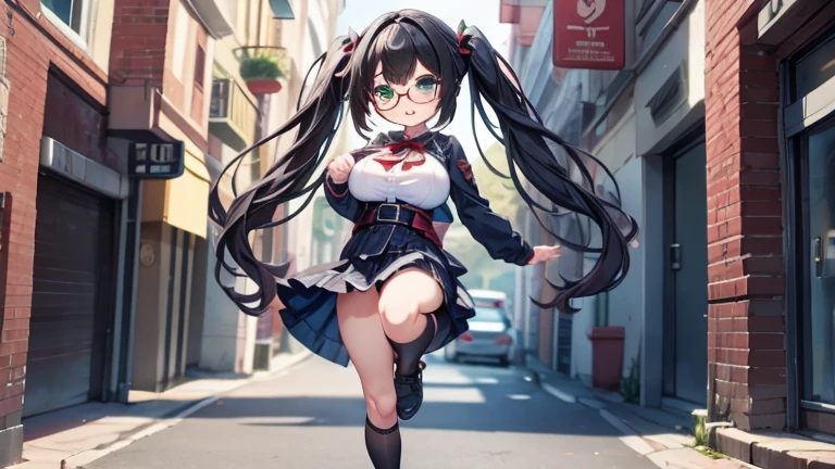 　highest quality,wonderful,finely,extremely detailed CG unity 8k wallpaper,written boundary depth,1 girl, big breasts,(standing on one leg:1.3), black hair, glasses, green eyes,twin tails,full body, highest quality,Super detailed,unity 8k wallpaper,game CG,