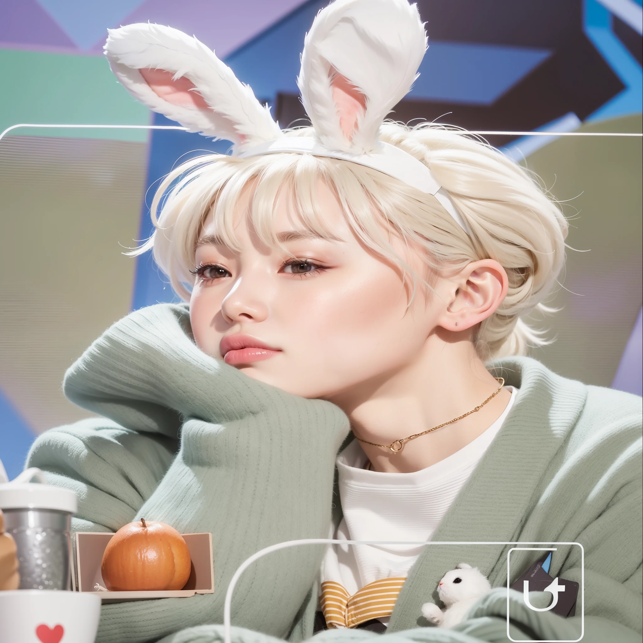 blurred photo of a person with bunny ears and sweater, Kim Doyoung, Jimin, Jimin\the full lips, Jimin\the right eyelid is swollen, adorable and pale korean face, inspirado em Kun Can, park Jimin, Jimin\o nariz grego, Yoongi de cabelo preto, taejune kim, innocent appearance, accurate Jimin face, 8k!