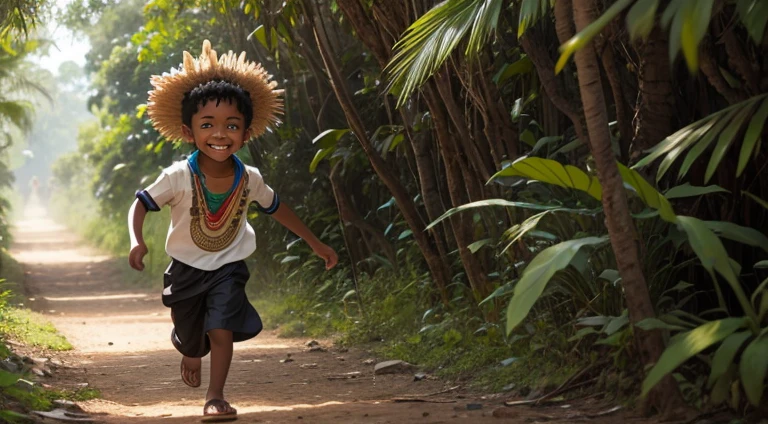 A boy in Indian clothes, cor de Pele preta, ****** negro, indigenous boy, se escondendo na floresta, ele esta correndo na mata, sorrindo, roupa africano, ****** africano