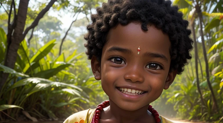 A boy in Indian clothes, cor de Pele preta, ****** negro, indigenous boy, se escondendo na floresta, ele esta correndo na mata, sorrindo, roupa africano, ****** africano