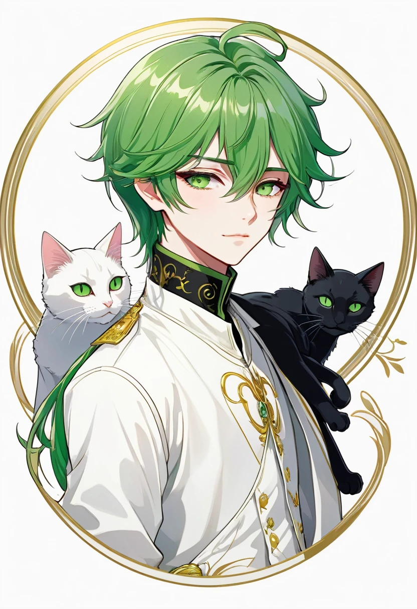 Masterpiece, ultra-detailed, Anime boy, smirk, long layered green hair, light white eyes:1.3 , white clothes, white prince outfit, one black cat in circle, simple yet elegant design, white background with gold border, vectorised and silhouetted, full-HD and 8K professional sticker design, intricately detailed drawing with flat vector lines.