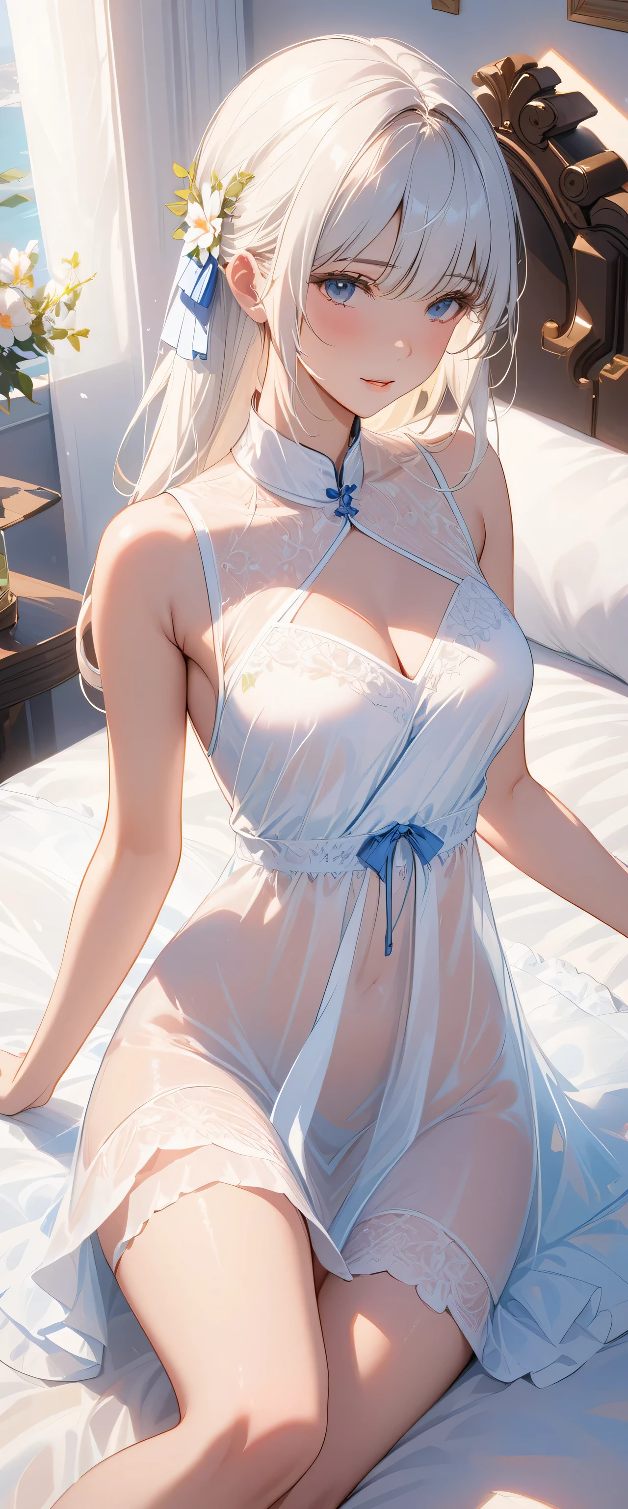 masterpiece, top quality, Super details, 8K, Detail lights, Detailed shadows, raw, (delicate skin), (real: 1.2),, 1 girl, white hair, White sexy transparent dress,Eye close-up,bed