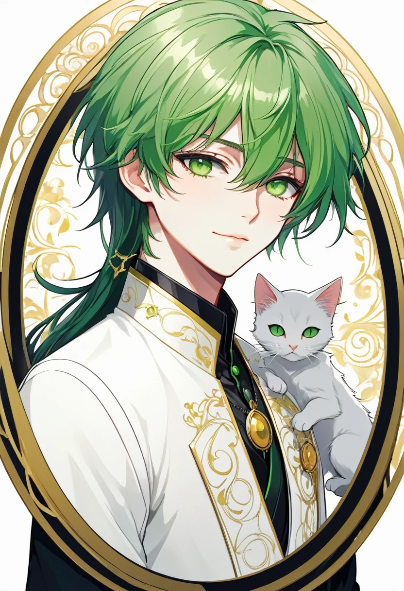 Masterpiece, ultra-detailed, Anime boy, smirk, long layered green hair, light white eyes:1.3 , white clothes, white prince outfit, one black cat in circle, simple yet elegant design, white background with gold border, vectorised and silhouetted, full-HD and 8K professional sticker design, intricately detailed drawing with flat vector lines.