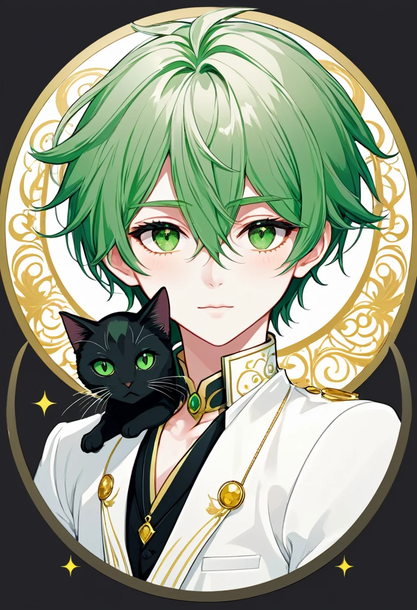 Masterpiece, ultra-detailed, Anime boy, smirk, long layered green hair, light white eyes:1.3 , white clothes, white prince outfit, one black cat in circle, simple yet elegant design, white background with gold border, vectorised and silhouetted, full-HD and 8K professional sticker design, intricately detailed drawing with flat vector lines.