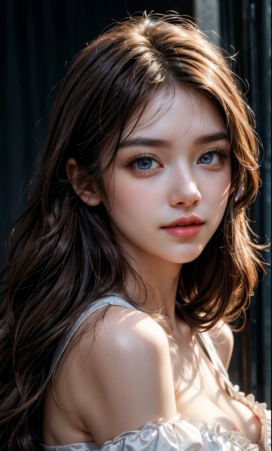 (8k, RAW photo, photorealistic: 1.25), (lip gloss, eyelashes, smiling, bright face, glowing skin, best quality, ultra high resolution, depth of field, chromatic aberration, caustic, wide lighting, natural shading) looking at the viewer with a serene bliss, diffused light, 1woman, (Ultra realistic, high res), (highly detailed eyes, highly detailed hair, highly detailed face, highly detailed plump lips), (off shoulder with open breasts), breasts, upper body, caute smile, (best quality:1.4), Raw photo, (realistic, photo-realistic:1.37), professional photography, cinematic light, (fine face: 1.2),fashion model 20 years old, cute, [[[[pure eyes]]]], [[[[closeup]]]], [[[[chest]]]], [[[[neck]]]], [[[[shoulders]]]], perfect eyes, perfect iris, perfect lips, perfect teeth, perfect skin, soft front light, glow, HDR, (muted colors:1.2), Retrato da mulher、white skin、((cabelo Castanho ondas suaves)) Best Blanco Romantico、8K resolution、Frente Illuminada、American girl portrait、solo、20-year-old、beautiful face、Upper body、medium side cut、beautiful black hair、beautiful little face woman, solo,　black theme,　look at the audience,one woman, It&#39;s real, Wolfzan-6500-V1.3, anime、anime style、beautiful diamond eyes、20 year old american girl、braided hair、swimsuit、portrait beautiful detailed woman, very detailedな青い顔, Reality, beautiful narrow blue eyes, huge file size, Super detailed, High resolution, very detailed, highest quality, masterpiece, An illustration, very detailed, ticker, Unite, 8K painting wallpaper, fine, fine details, masterpiece, highest quality, Hvery detailed ticker uniform 8K wallpaper, face light movie lighting、cute blouse, dark background, oil, masterpiece, diffused soft film lighting, Portrait, highest quality (perfect face:1.4),stunning girl pictures,(8K and、photorealistic:1.25) 、(lip gloss、eyelashes、shiny face、shiny skin、highest quality、超High resolution、Depth of the bounds written、chromatic aberration、caustic road lighting、natural shading、sexy 1girl, Extremely cute,