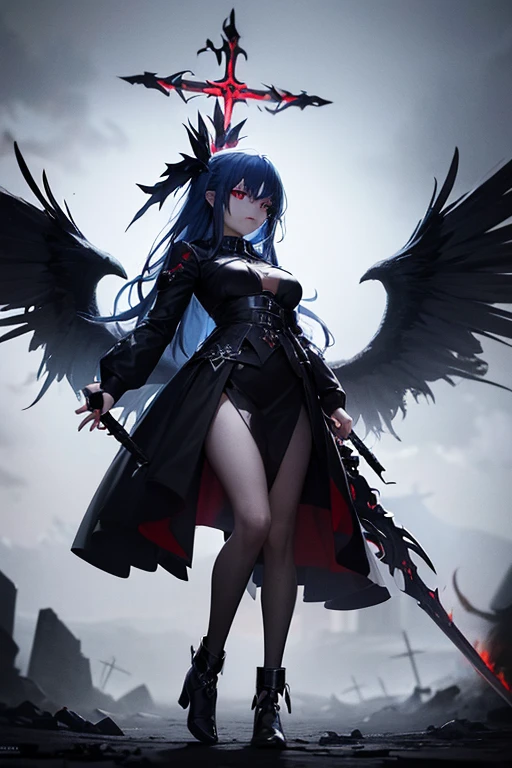 (dark,menacing:1.2),evil dark angel, (long blue hair:1.1), (red halo:1.1), (flaming sword:1.1) shaped like a cross, (dark fantasy:1.2), (red eyes:1.1), (black wings:1.1), (sinister aura:1.1), eerie atmosphere, (ominous shadows:1.1), (mysterious background:1.1), (intense lighting:1.1), (dramatic pose:1.1)