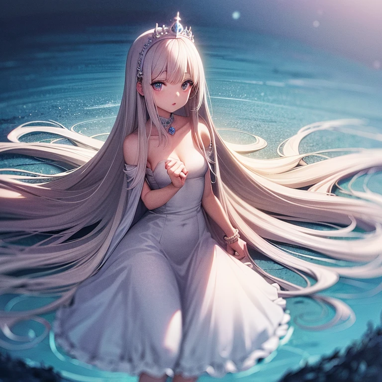 Princesa malhumorada vestida elegantemente, con un vestido mojado en una isla