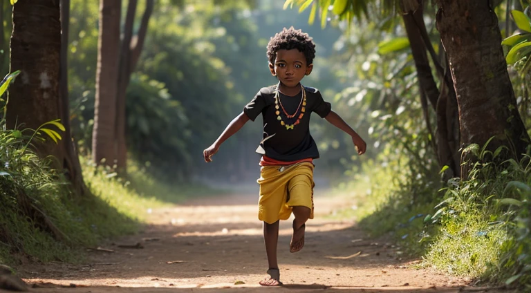 A boy in Indian clothes, cor de Pele preta, menino negro, indigenous boy, se escondendo no meio da floresta, ele esta correndo na mata, roupa africano, menino africano