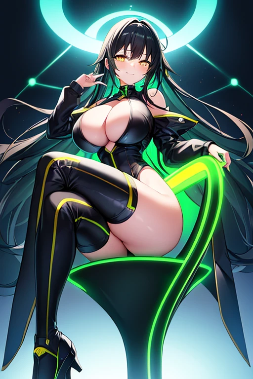 1girl, large breasts, thick thighs, yellow eyes, wide hips, (black hair), colored inner hair, (colored inner hair), green hair, smile, long hair, black bodysuit, bodysuit, race queen, bare legs, shoes, green trim, science-fiction, futuristic, neon, tech, neon lights, neon trim, machinery, sitting, crossed legs, (ass), ass, cleavage cutout, cleavage, floating