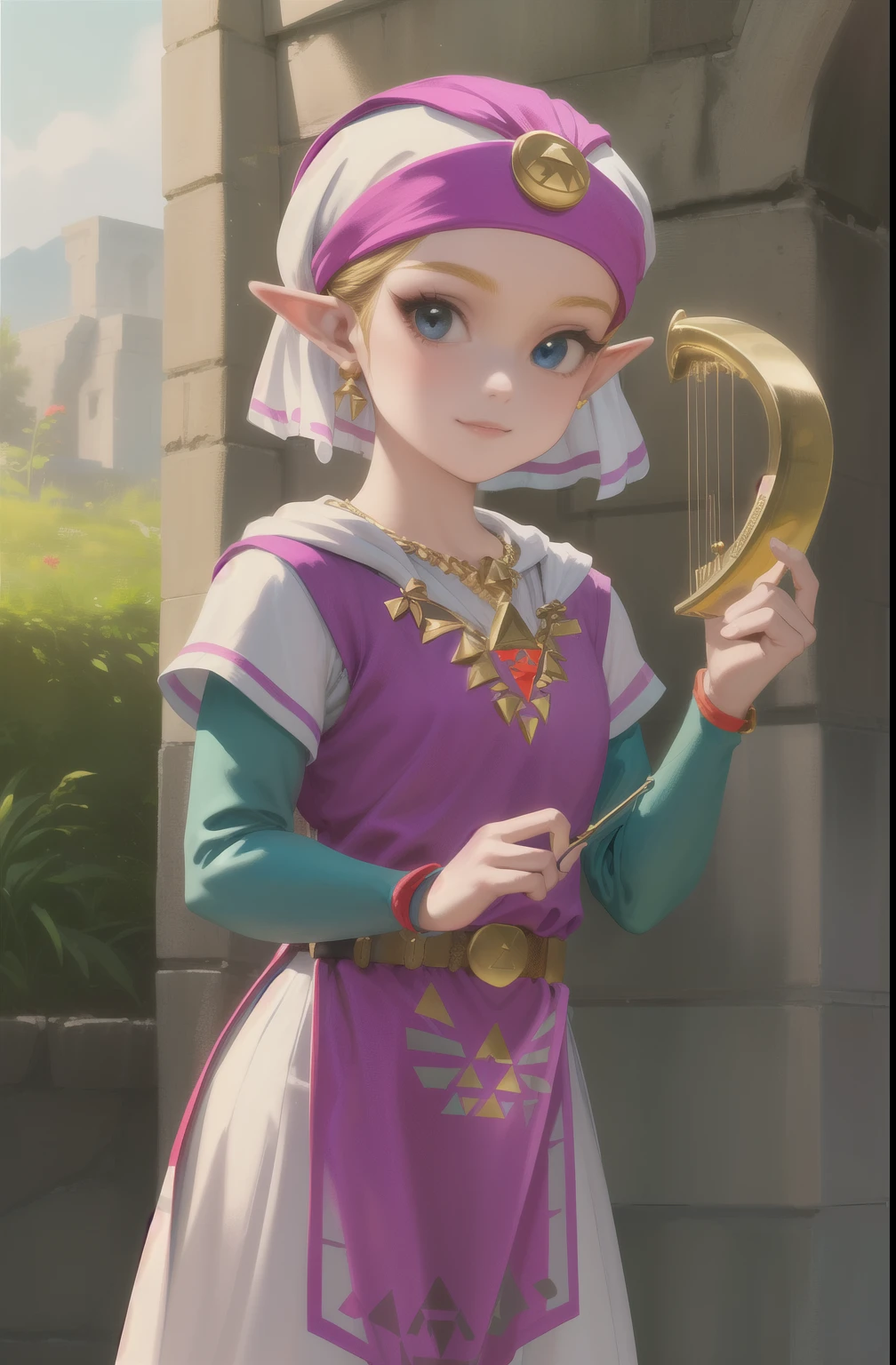 masterpiece, best_quality, 1girl, solo, princess zelda, nintendo, the legend of zelda, oot, young zelda, outdoors, looking at viewer, (holding a small golden Lyre)