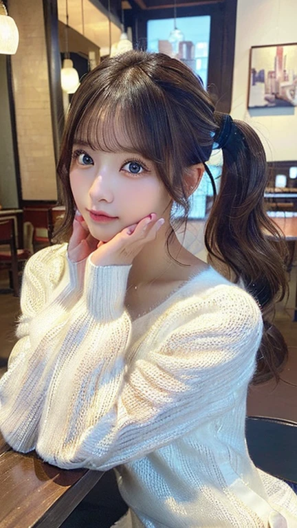(masterpiece:1.5)、(realistic:1.5)、(highest quality:1.4、8K、Raw photo）、 ultra high resolution、professional lighting、perfect dynamic composition、Photo shoot at an antique and stylish cafe、 film grain、chromatic aberration、(Bokeh:1.1)、 Frank、Sophisticated、charm、超realistic、high detail、golden ratio、anatomically correct、 (1 girl)、slender girl、繊細でcharm女の子、cute woman:1.4、 serious expression、looking at the viewer、sitting in a chair、light brown hair、shining hair、Hair style is ponytail、 real looking skin、 close your mouth、fine eyes、double eyelid、thin arms、(white short sweater dress:1.4)