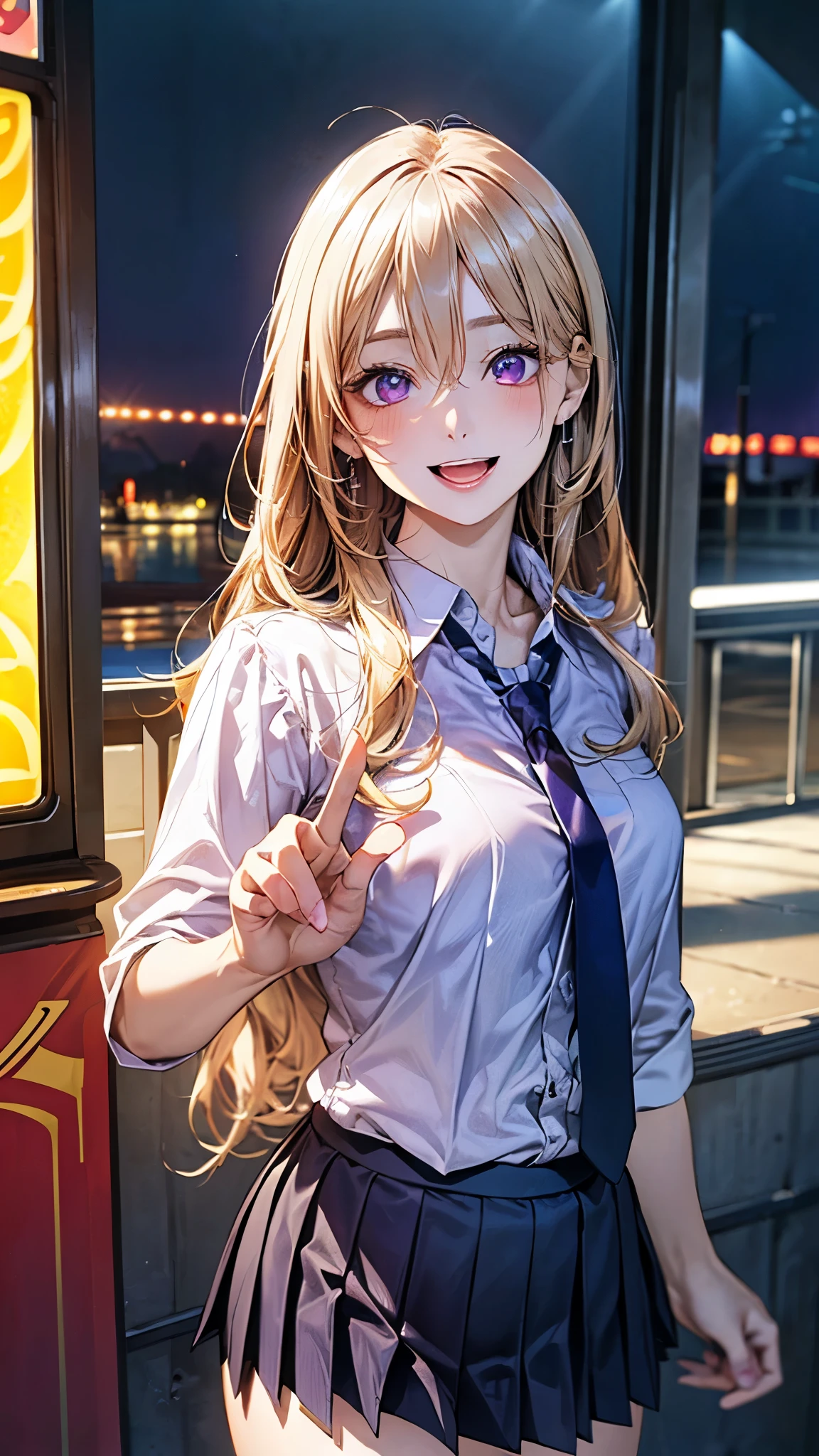 (masterpiece:1.2, top-quality), (realistic, photorealistic:1.4), beautiful illustration, (natural side lighting, movie lighting), ,
(looking at viewer), 1 girl, japanese, high school girl, perfect face, cute and symmetrical face, shiny skin,
(long hair:1.5, straight hair:1.7, blond hair), hair between eyes, purple eyes, long eye lasher, (large breasts:0.6), five fingers,
beautiful hair, beautiful face, beautiful detailed eyes, beautiful clavicle, beautiful body, beautiful chest, beautiful thighs, beautiful legs,
((light purple collared shirt, navy pleated skirt)), dark purple tie,
(beautiful scenery), evening, amusement arcade, (peace sign, lovely smile, upper eyes, open mouth),