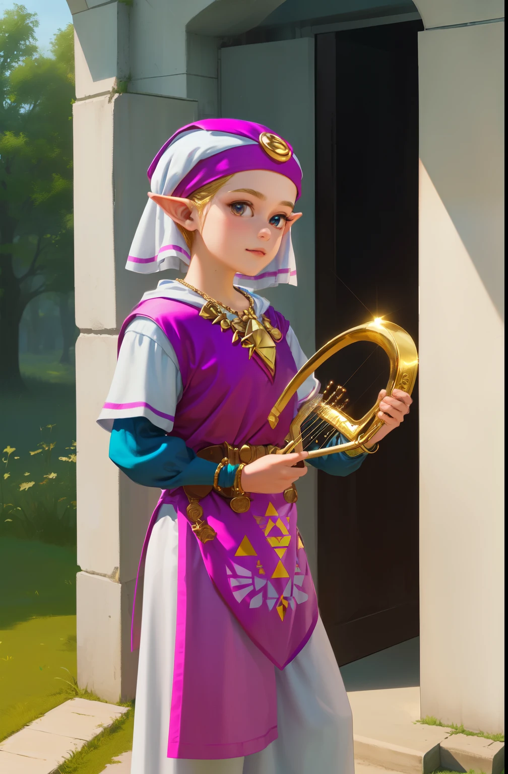 masterpiece, best_quality, 1girl, solo, princess zelda, nintendo, the legend of zelda, oot, young zelda, outdoors, looking at viewer, (holding a small golden Lyre)