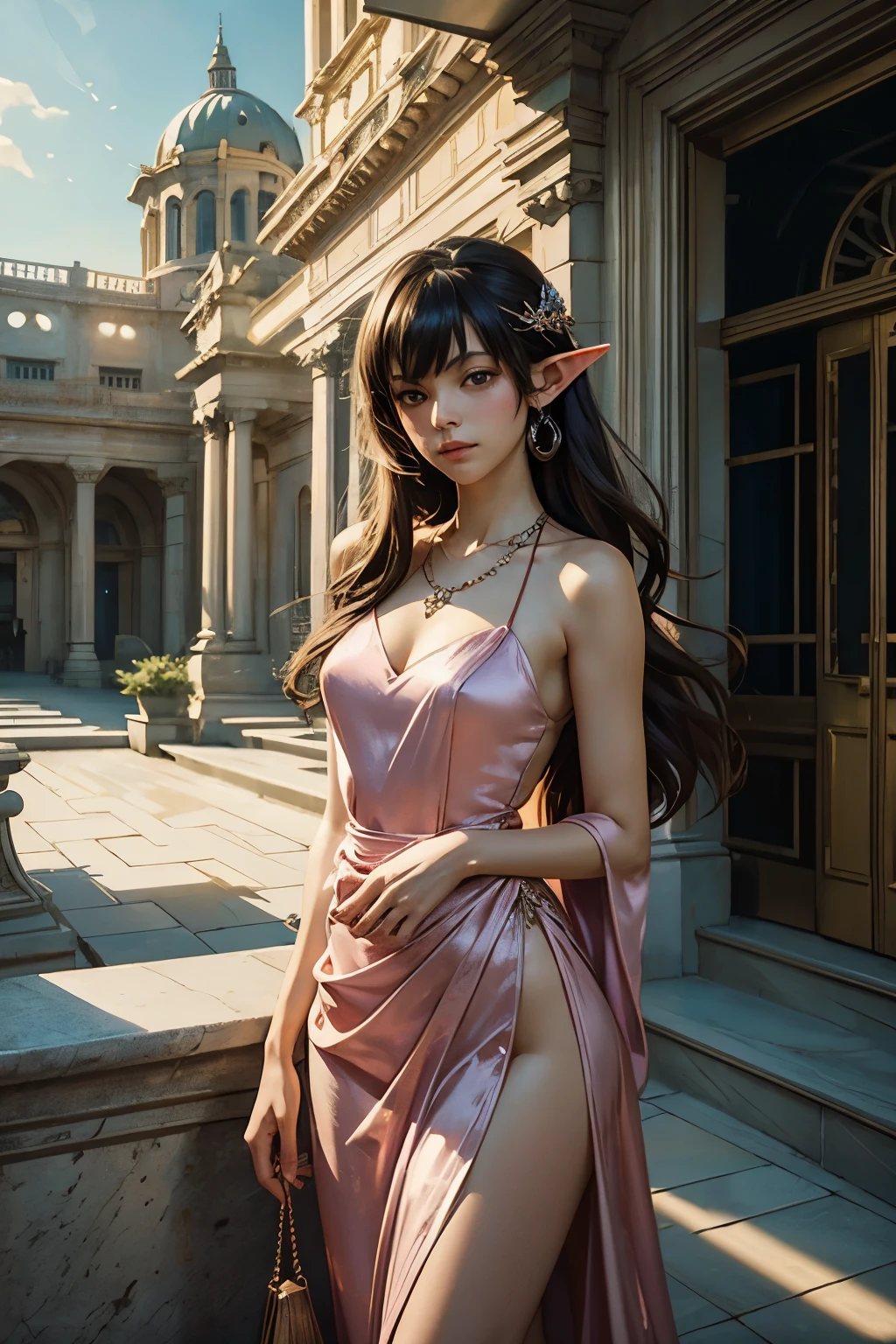 Masterpiece: A stunning digital artwork of a gorgeous beautiful brunette elf woman, wearing a flowing pink satin dress that accentuates her curves. She stands elegantly inside a marble palatial courtyard, surrounded by intricate architectural details. The waist chains she adorns add a touch of allure and sophistication to her appearance. Every element of this artwork, created in the style of Makoto Shinkai, is highly detailed, showcasing the artist's meticulous attention to every brushstroke and pixel. The vibrant colors and ethereal lighting bring the scene to life, making it a true masterpiece in the world of digital art.