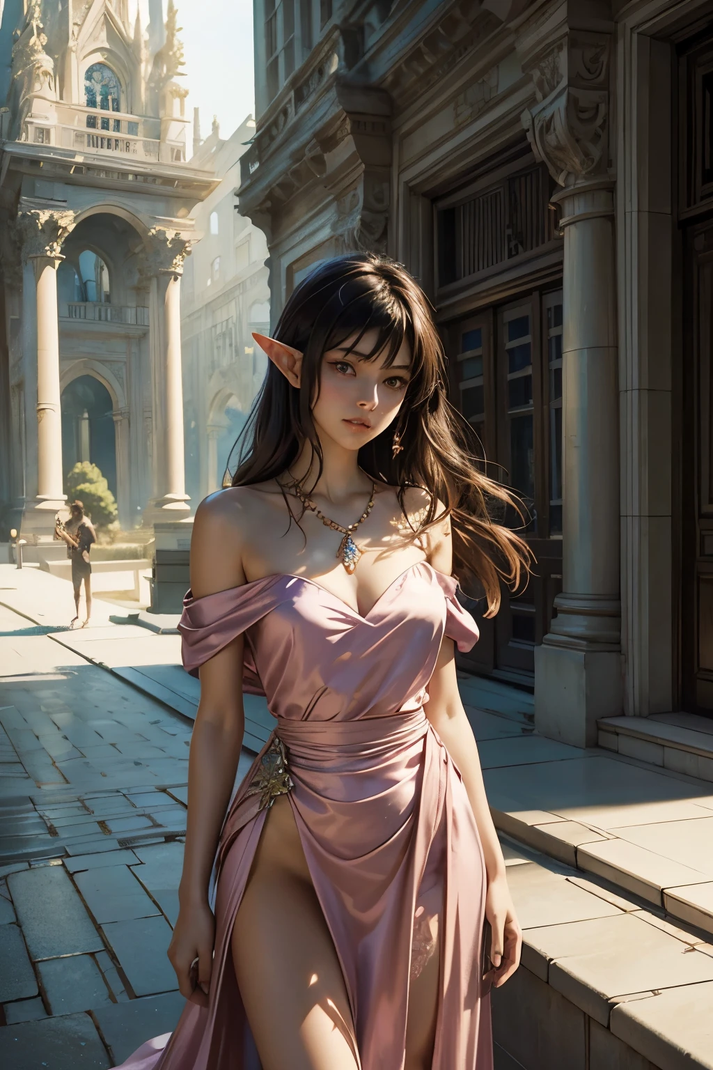 Masterpiece: A stunning digital artwork of a gorgeous beautiful brunette elf woman, wearing a flowing pink satin dress that accentuates her curves. She stands elegantly inside a marble palatial courtyard, surrounded by intricate architectural details. The waist chains she adorns add a touch of allure and sophistication to her appearance. Every element of this artwork, created in the style of Makoto Shinkai, is highly detailed, showcasing the artist's meticulous attention to every brushstroke and pixel. The vibrant colors and ethereal lighting bring the scene to life, making it a true masterpiece in the world of digital art.